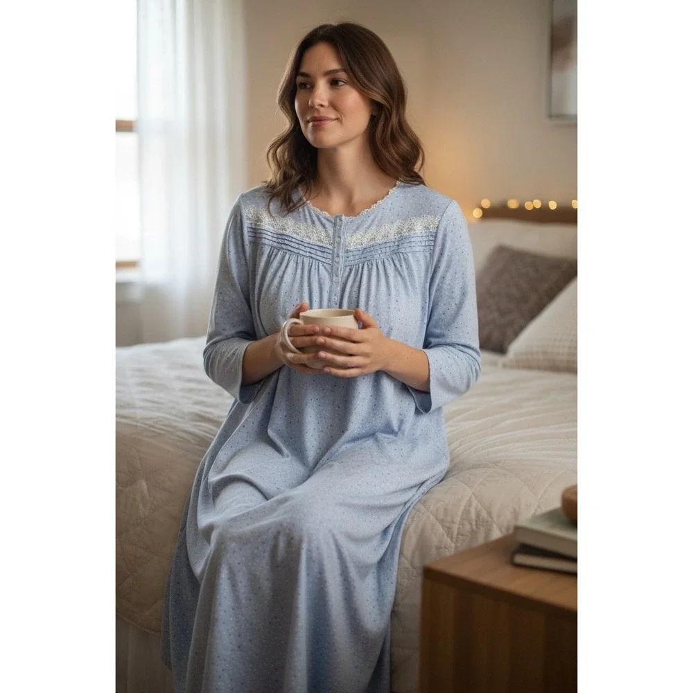 Eileen West NWOT Blue Polka Dot Lace Trim Long Sleeve Nightgown XXL 22/24 Mom